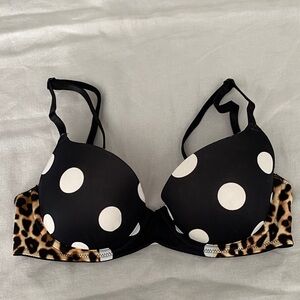 PINK Victoria's Secret Black and White Polka Dot Bra with Leopard Trim